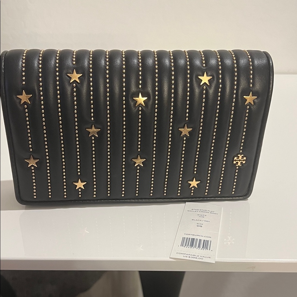 Tory Burch Star Stud Flat Wallet Crossbody -Black